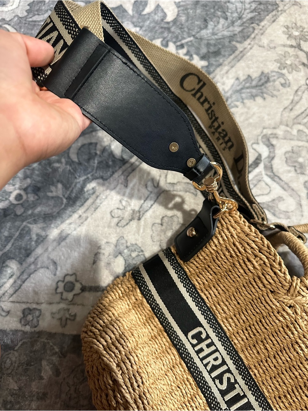 Dior Natural Straw Tote with Black 'ChristianDior' Band and Straps - Picture 7 of 7